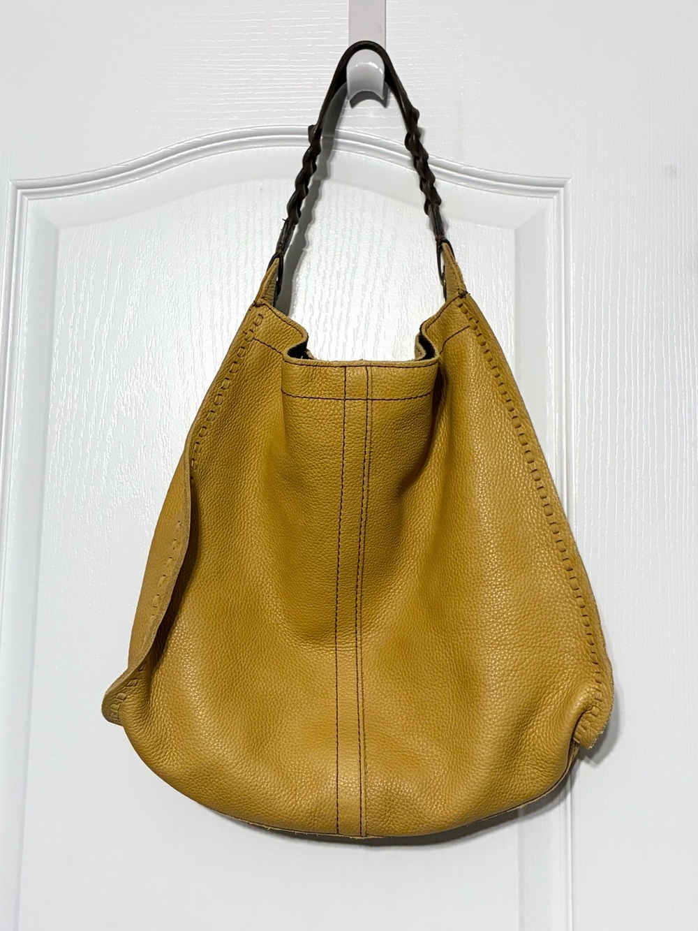 Lucky Brand Tan Pebbled Leather Brown Braided Strap Hobo Shoulder Bag Large